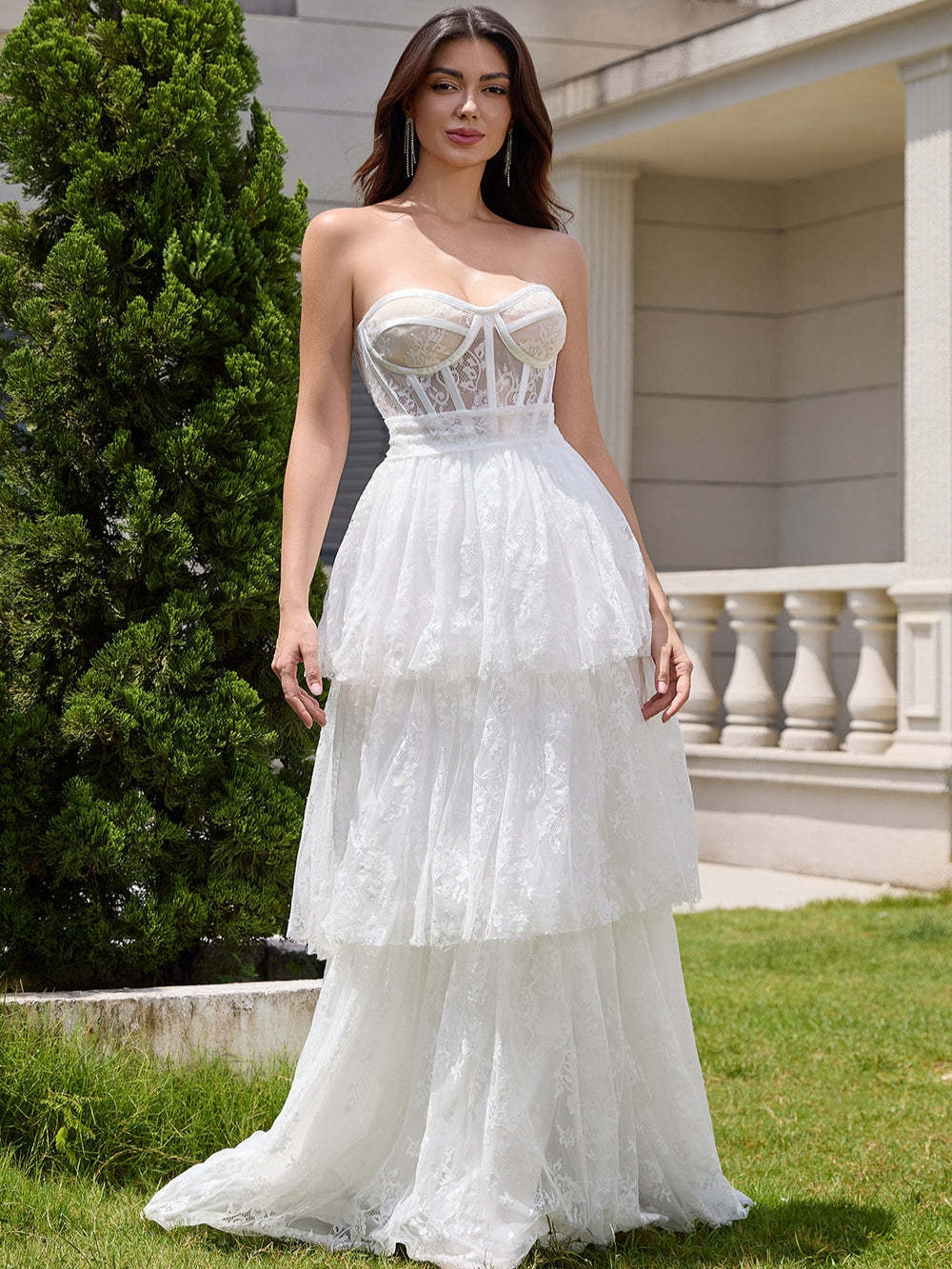 White Strapless Corset Tiered Lace Wedding Dress with Sash