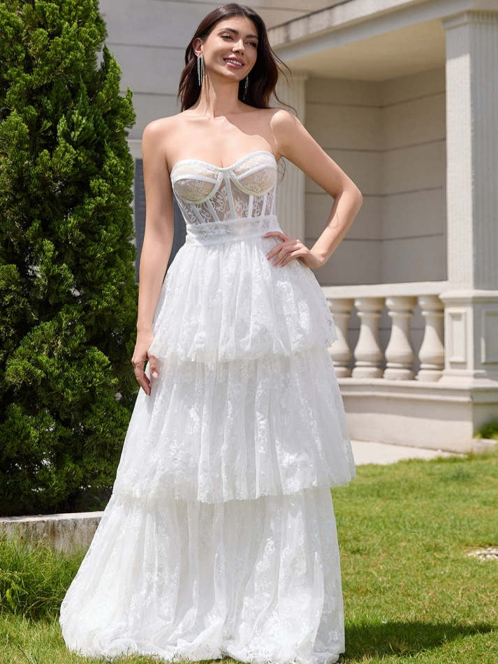 White Strapless Corset Tiered Lace Wedding Dress with Sash