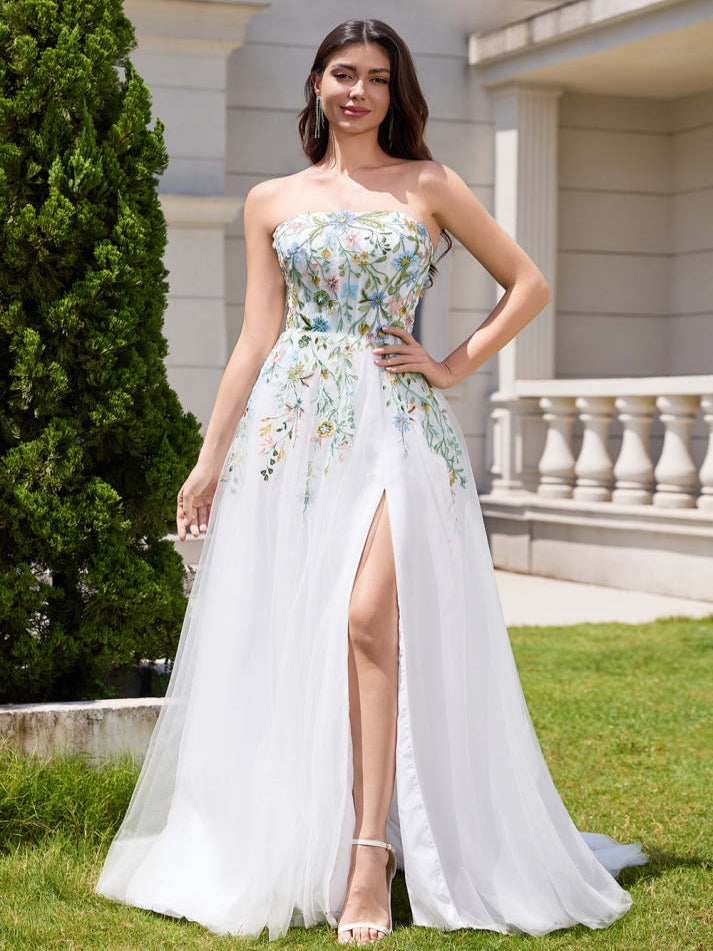 Fairy White A Line Strapless 3D Flowers Wedding Dress with Slit