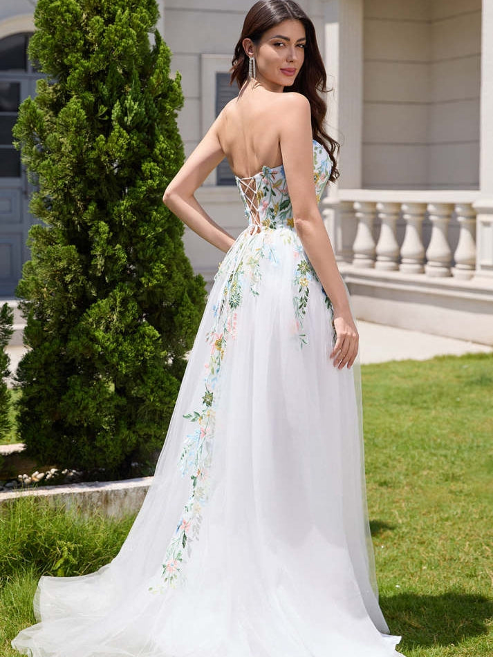 Fairy White A Line Strapless 3D Flowers Wedding Dress with Slit