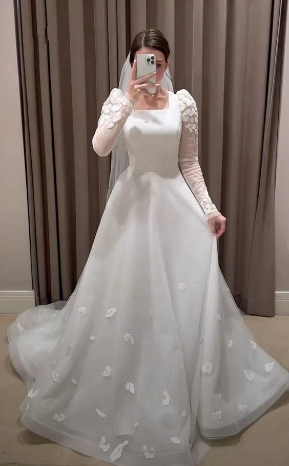 Modest White A-line Long Sleeves Wedding Dress,White Bridal Dress (ZD13695)