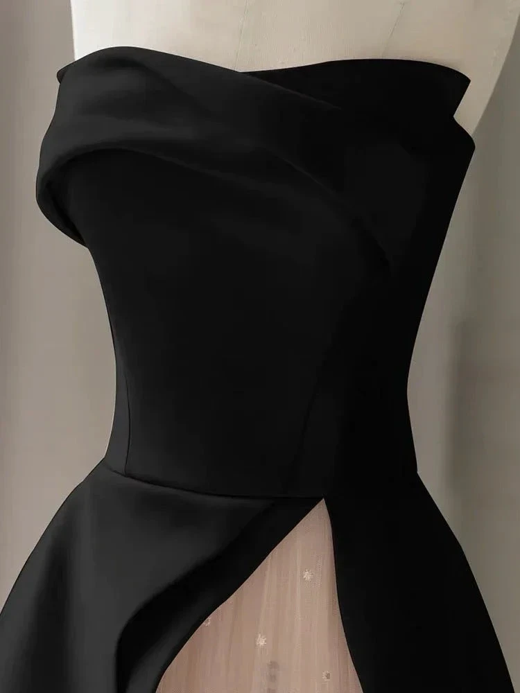 Black Strapless High-Slit Evening Dress With Gauze - Gothic Wedding Dress (ZD13627)