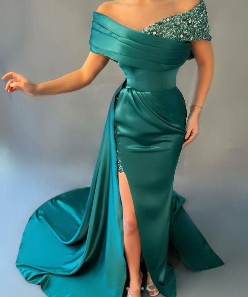 Unique Green Off-the-Shoulder Satin Sequins Prom Dress,Mermaid Slit Party Evening Dress - FashionDia