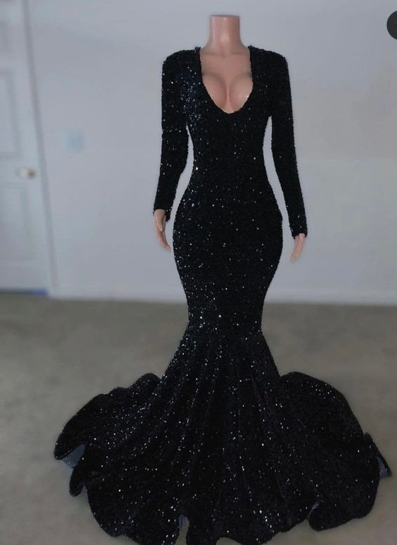 Black Sequins Long Sleeves Mermaid Evening Dress Black Reception Dress Y5987 - VelvetHem