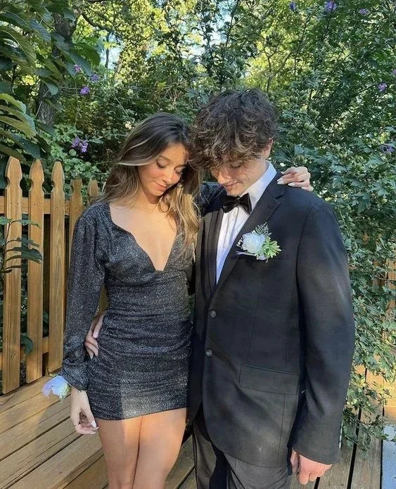 Sexy Black Homecoming Dress with Long Sleeves Black Party Dress (ZD12780)