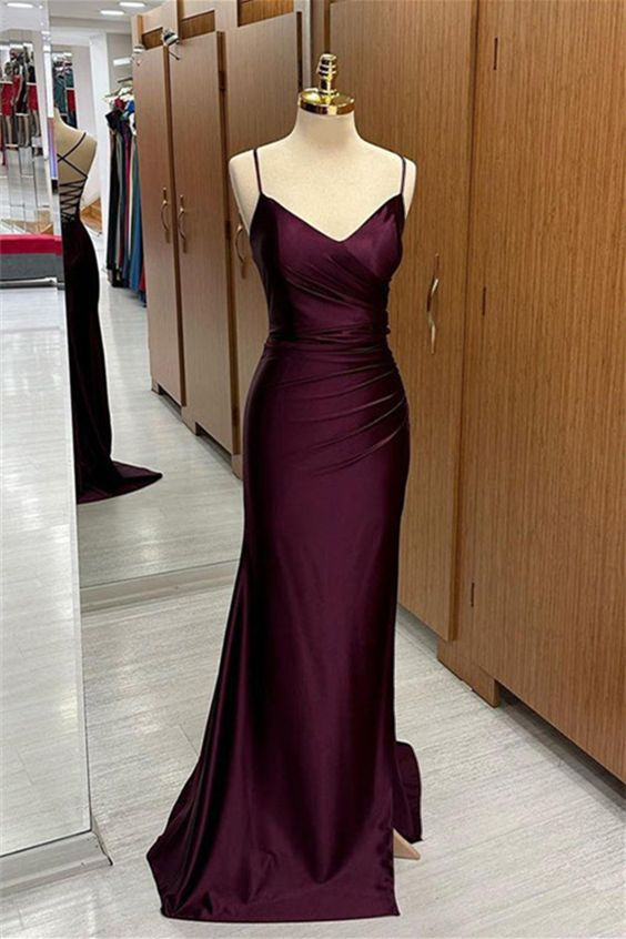 Satin V Neck Lace-Up Back Pleated Long Prom Dress