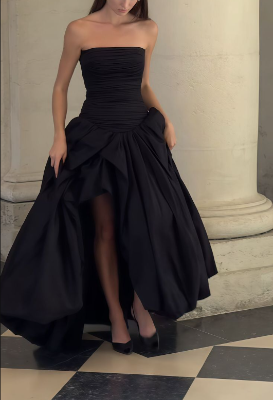 Fashion Black Ruched Slit Party Gown A Line Prom Evening Dress