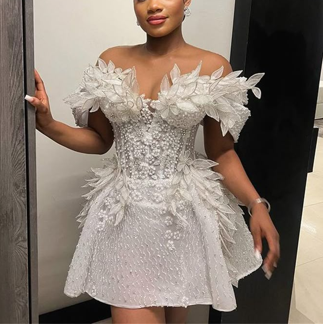 Vintage Pearls Beaded Floral Short Cocktail Dress Birthday Dress White Off-the-Shoulder Homecoming Dress - View 2 | FashionDia