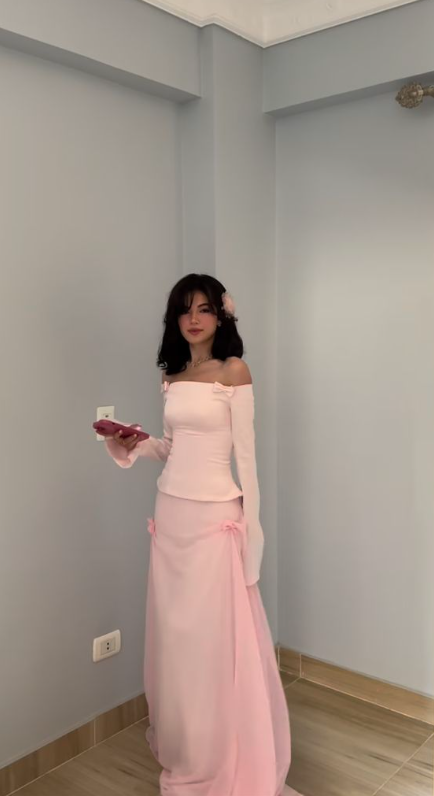 Sweet Two Piece Off-the-Shoulder Pink Satin Chiffon Mermaid Prom Dress Formal Party Dress - View 7 | FashionDia