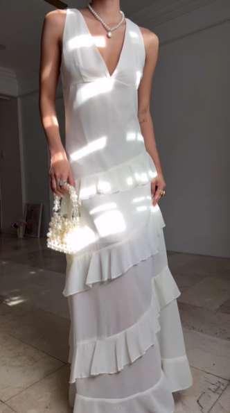 Classy White V Neck Ruffles Party Evening Dress,Formal Prom Dress