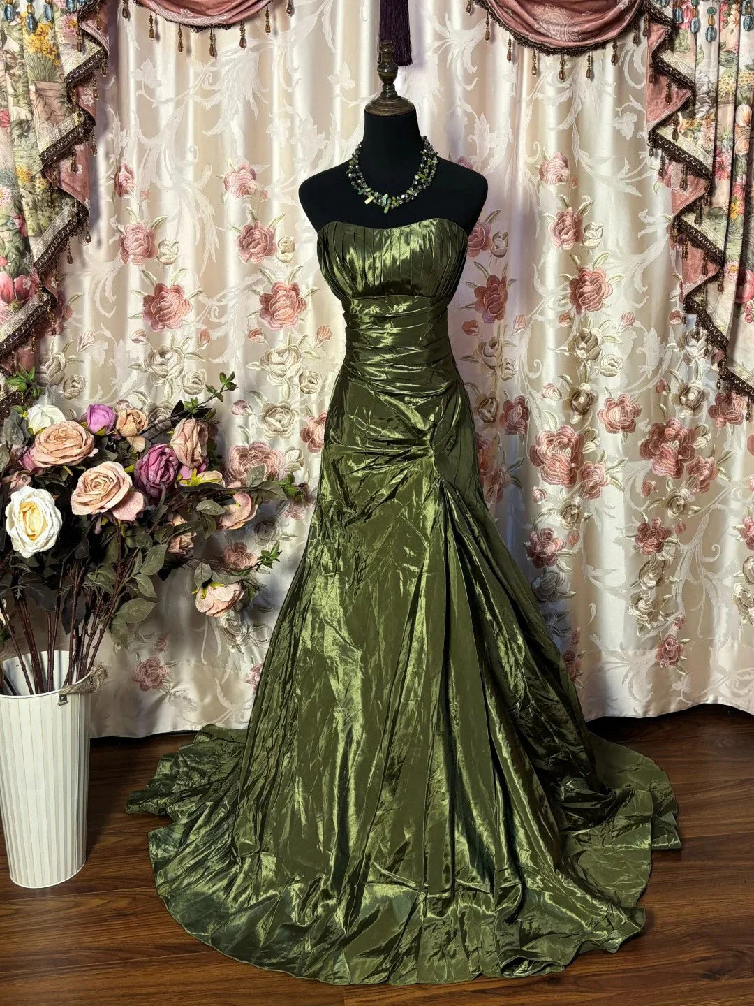 Elegant Olive Green Strapless Satin Pletaed Mermaid Long Wedding Guest Dress Formal Birthday Party Dress - FashionDia
