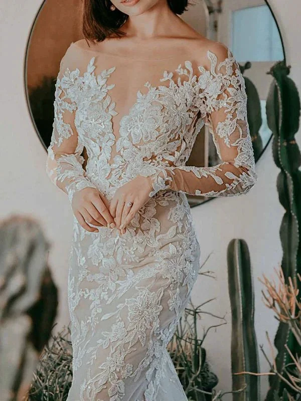 White Wedding Dress Illusion Neckline Long Sleeves Backless Natural Waist Lace With Train Long Bridal Mermaid Dress (ZD13585)