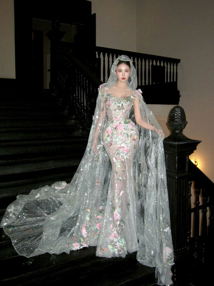 Glamorous Silver Tulle Sequin Beaded Butterfly Appliques Mermaid Long Wedding Dress Formal Bridal Dress - View 2 | FashionDia