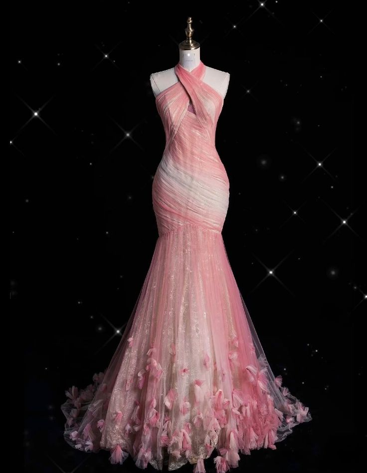 Pink Halter Tulle Lace Appliques Prom Dress Long Mermaid Evening Dress - View 2 | FashionDia