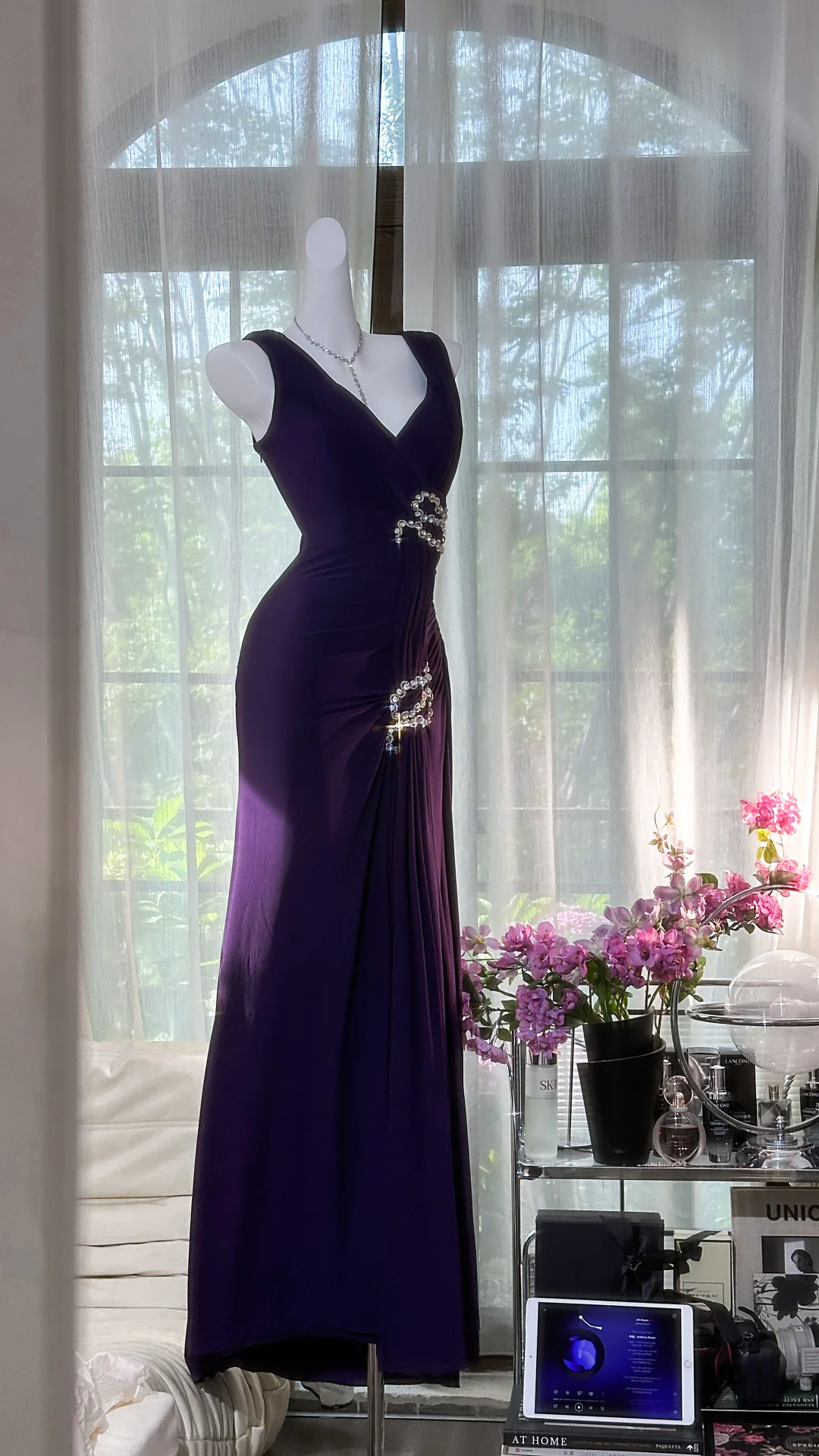 Pretty V-Neck Purple Chiffon Beaded Mermaid Party Dress Formal Birthday Prom Dress - View 3 | FashionDia