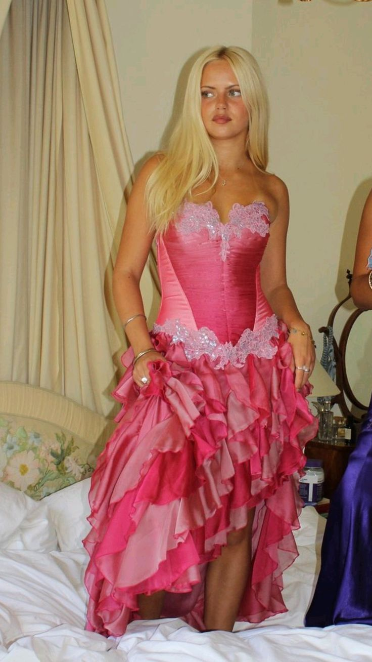 Unique Pink Strapless Appliques Prom Dress,Chiffon Side Slit Ruffles Party Evening Dress