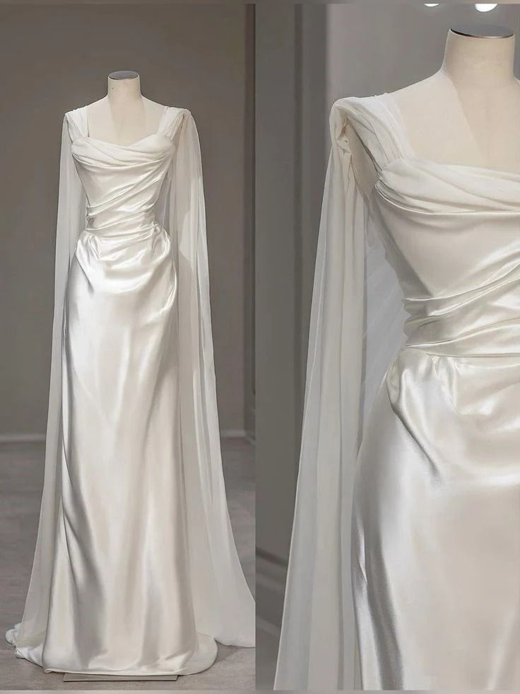 White Satin Pleated Straps Wedding Dress,Elegant Prom Evening Dress - View 2 | FashionDia