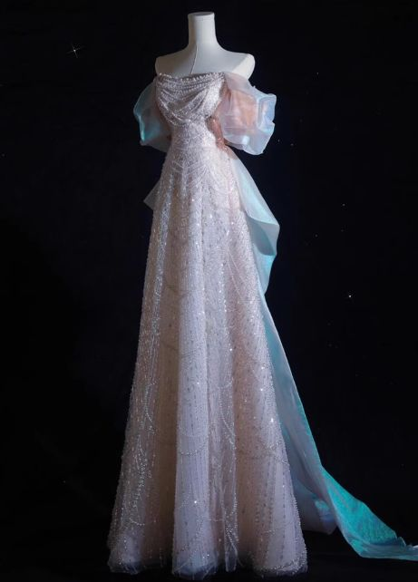 Pink A-Line Off-Shoulder Tulle Sequins Beaded Long Prom Dress Formal Evening Dress Y8050 - View 2 | VelvetHem