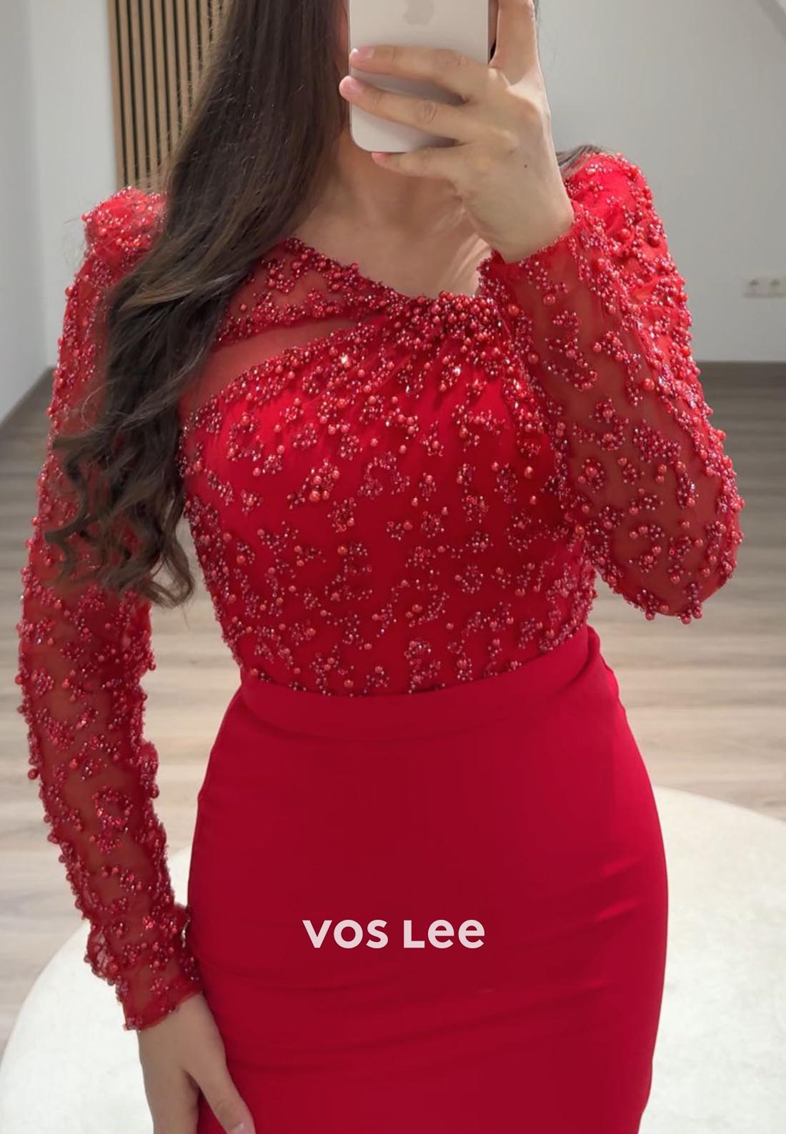 Beading Long Sleeve Scoop Floor-Length Column Formal Evening Dresses
