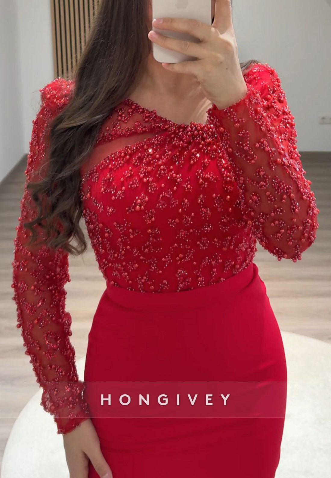 Beading Long Sleeve Scoop Floor-Length Column Formal Evening Dresses