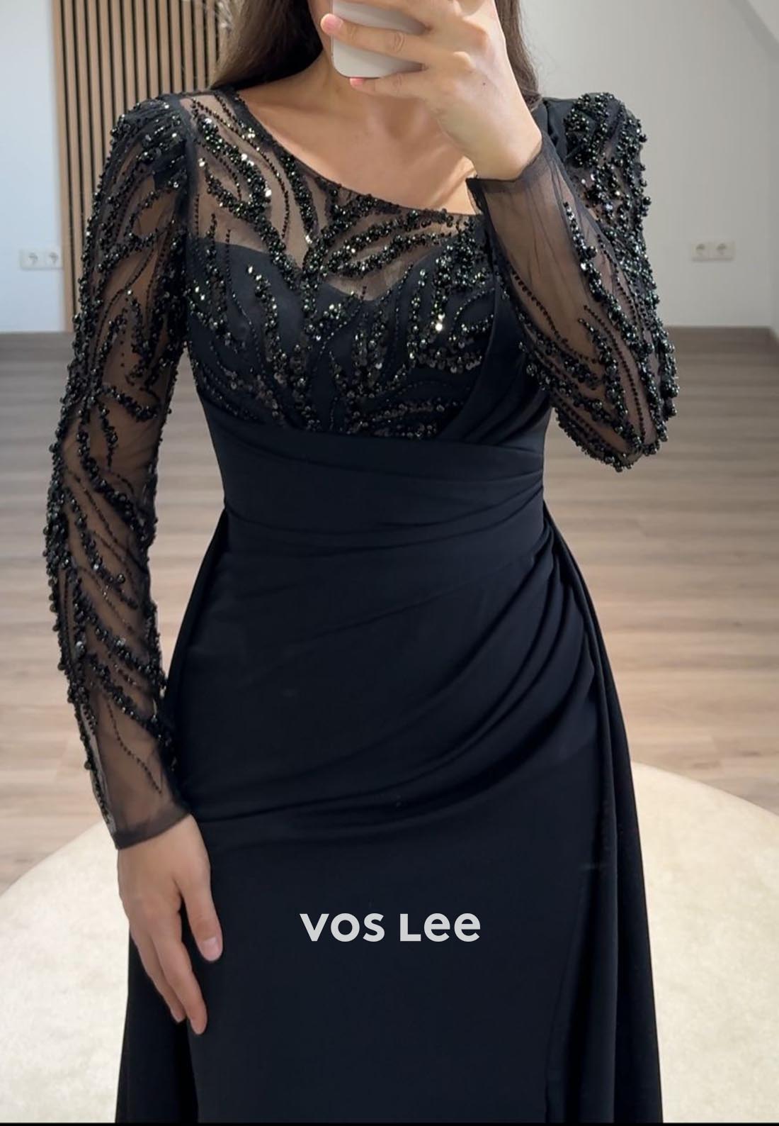 Pleated Beading Long Sleeve Illusion Neck Sweep Train Formal Dresses