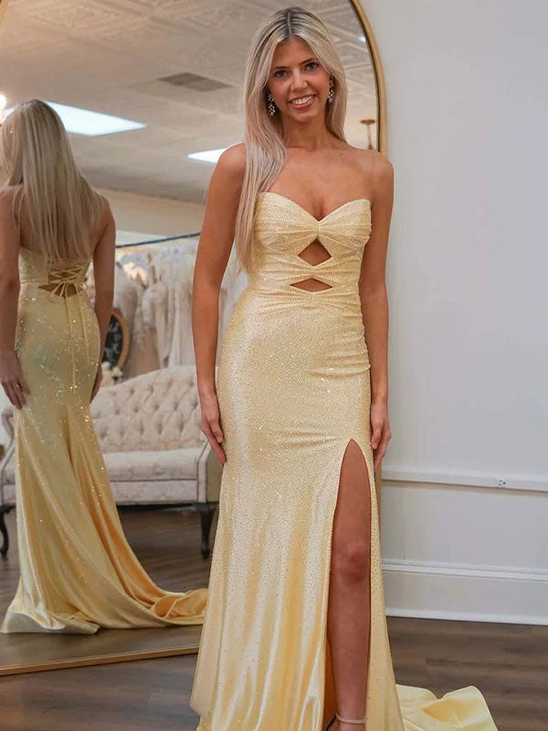 Light Yellow Mermaid Strapless Keyholes Prom Dress with Beads - FashionDia