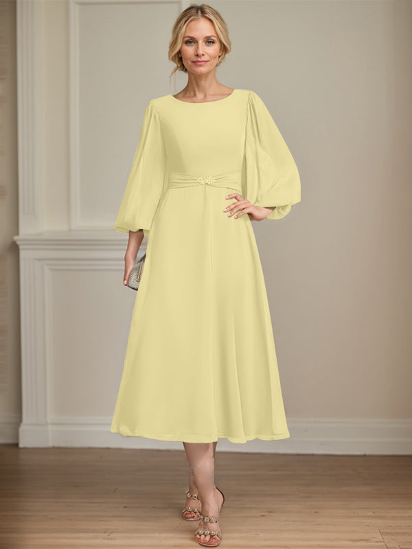 A-line Scoop Tea-Length Chiffon Mother of the Bride Dress With Crystal Brooch Pleated