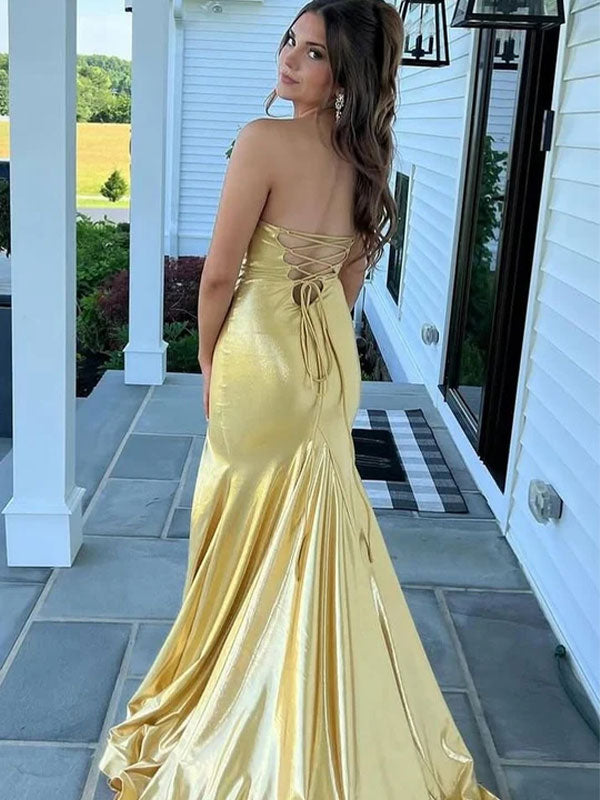 Yellow Mermaid Strapless V-Neck Metallic Sleeveless Prom Dress with Slit - View 2 | FashionDia