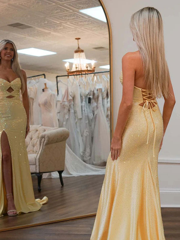 Light Yellow Mermaid Strapless Keyholes Prom Dress with Beads - View 2 | FashionDia