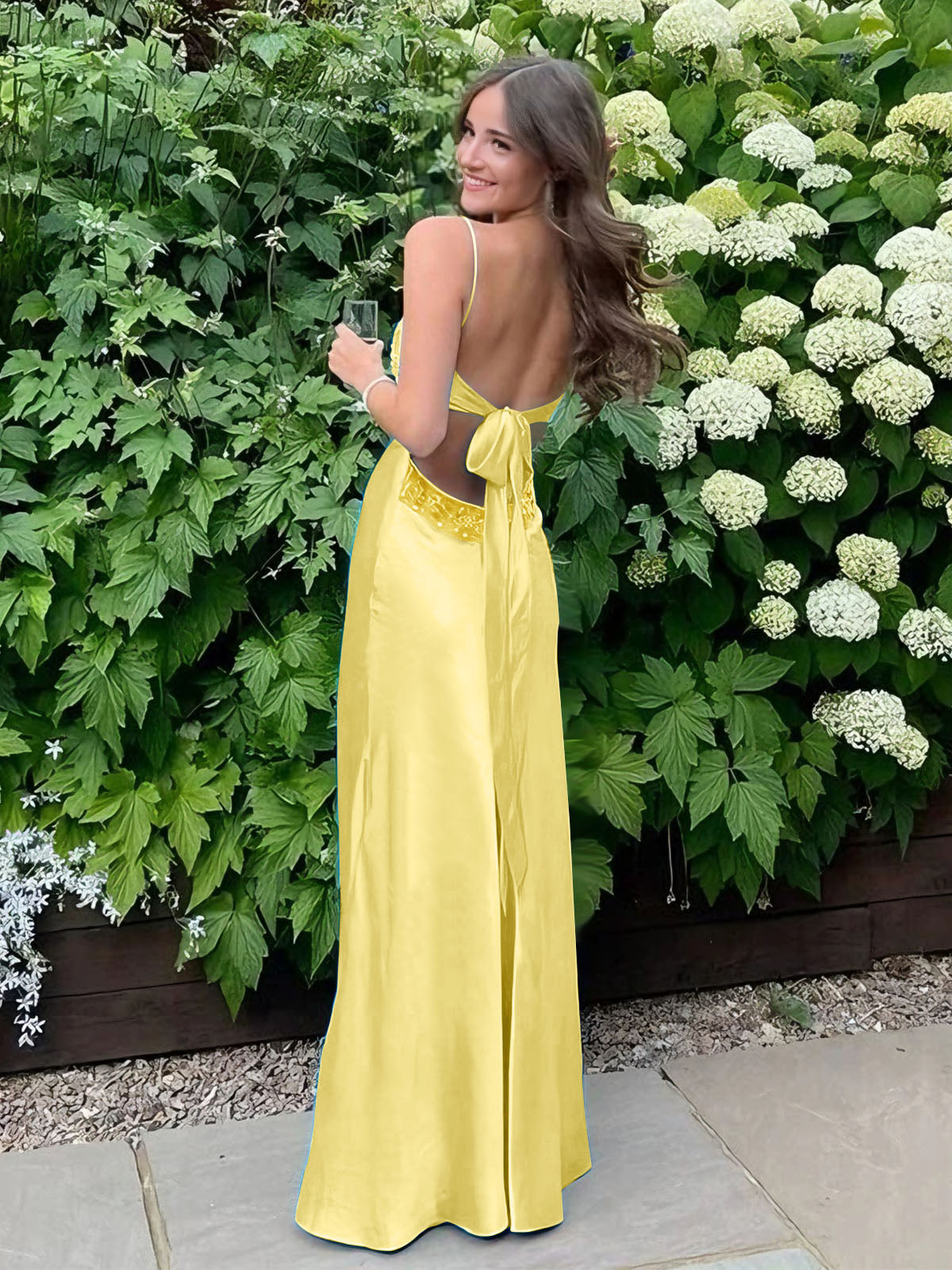 Blue A Line V-neck Beaded Back Tie Long Prom Dress