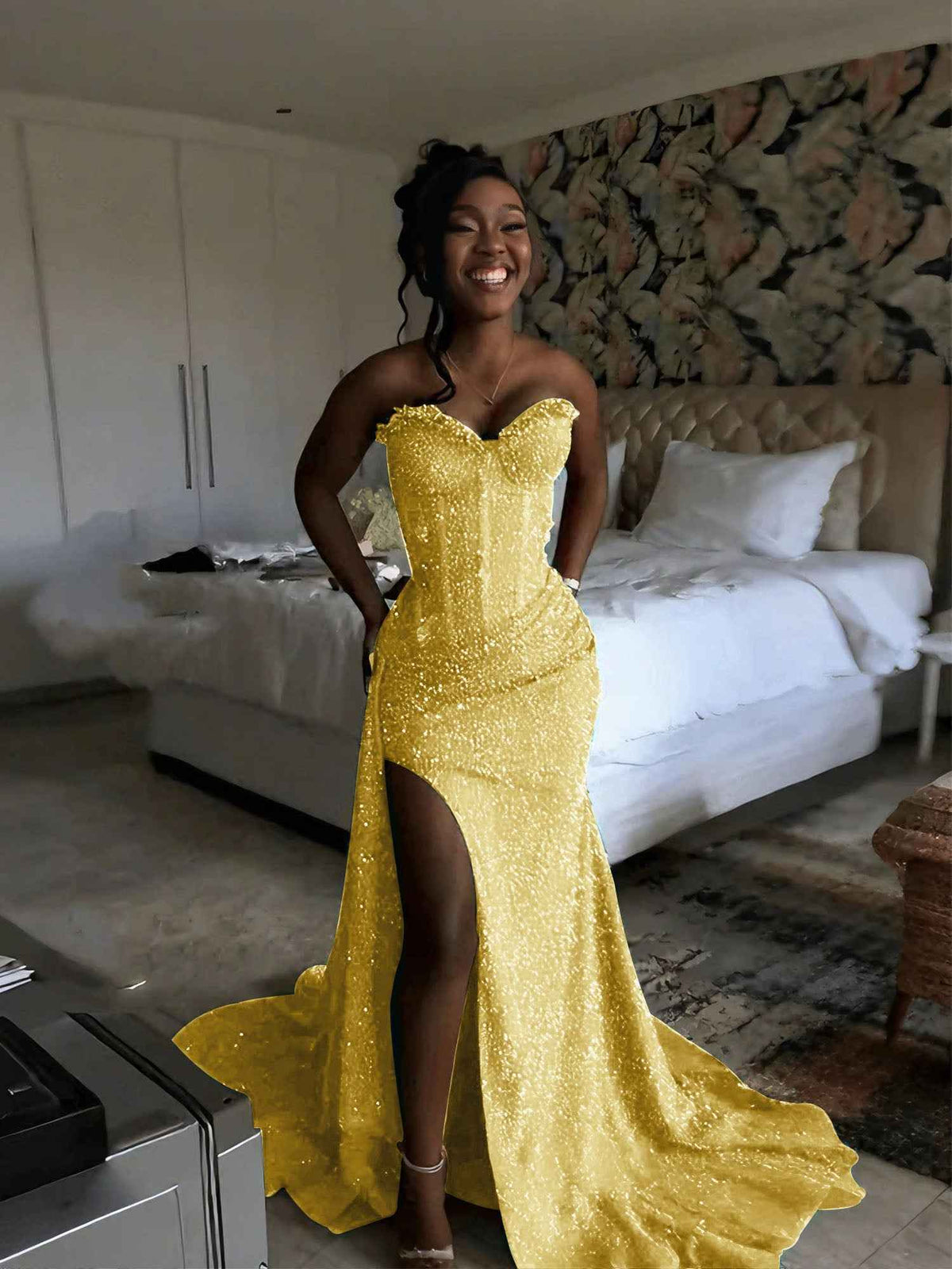 Glitter Strapless Mermaid Sequined Long Prom Dress with Slit (ZD17399)