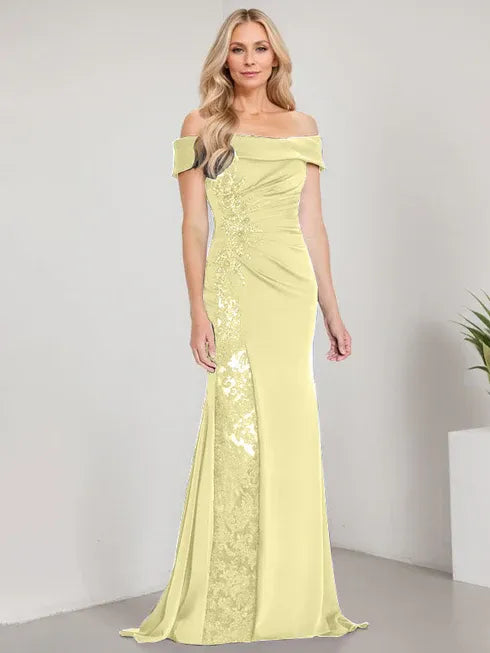 A-Line Off-the-Shoulder Floor-Length Mother of the Bride Dress Applique Beadings Mermaid Dress With High Split