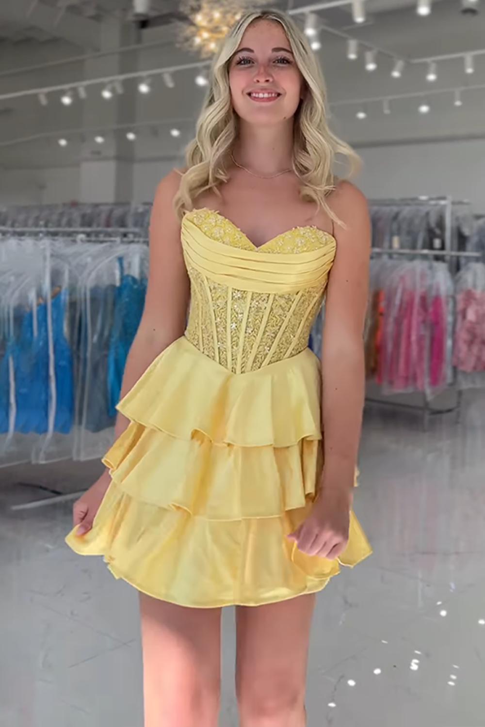 Yellow A Line Homecoming Dresses Satin Short Corset Cocktail Dresses With Lace
