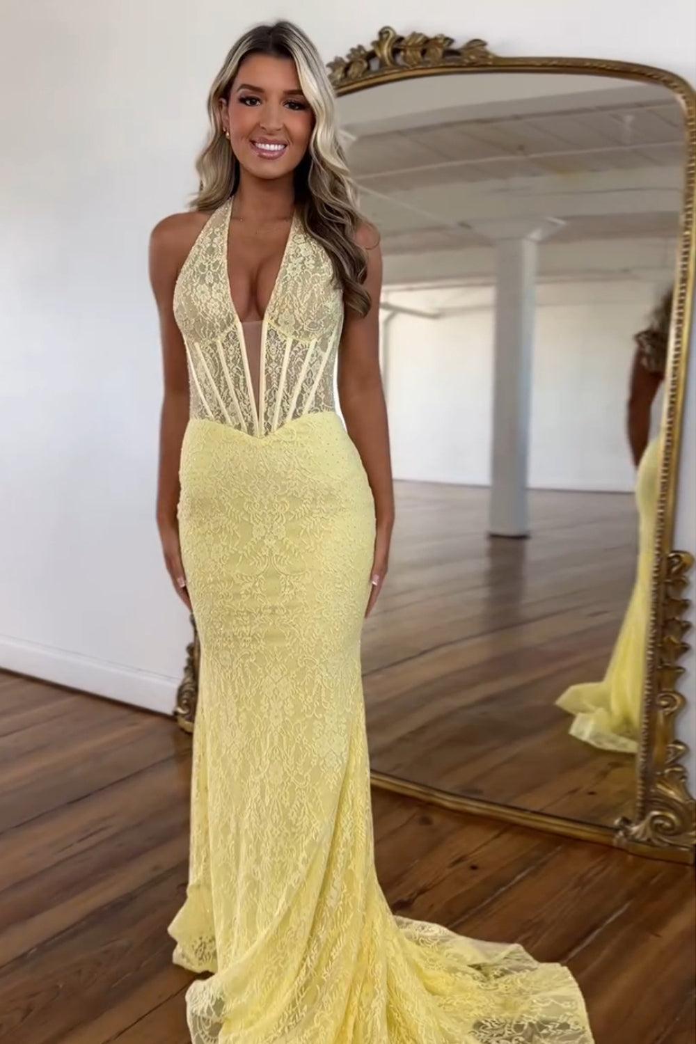 Yellow Prom Dress Lace Mermaid Halter Corset Long Formal Dress