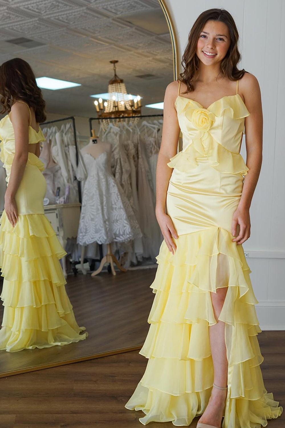 Yellow Prom Dress Ruffled Chiffon Mermaid Long Formal Dress With Slit