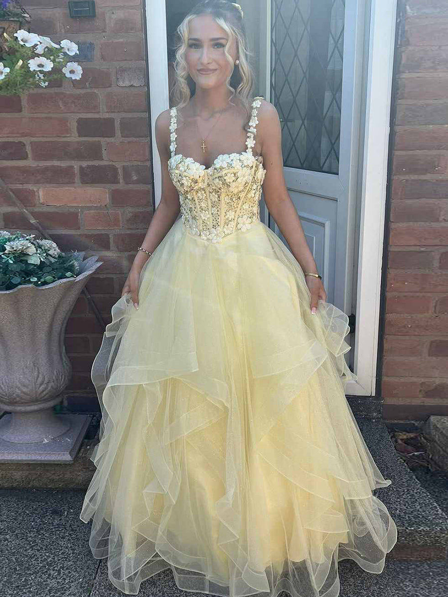 Yellow A-Line Straps Empire-Waist Sweetheart Ruffles Long Prom Dress - FashionDia