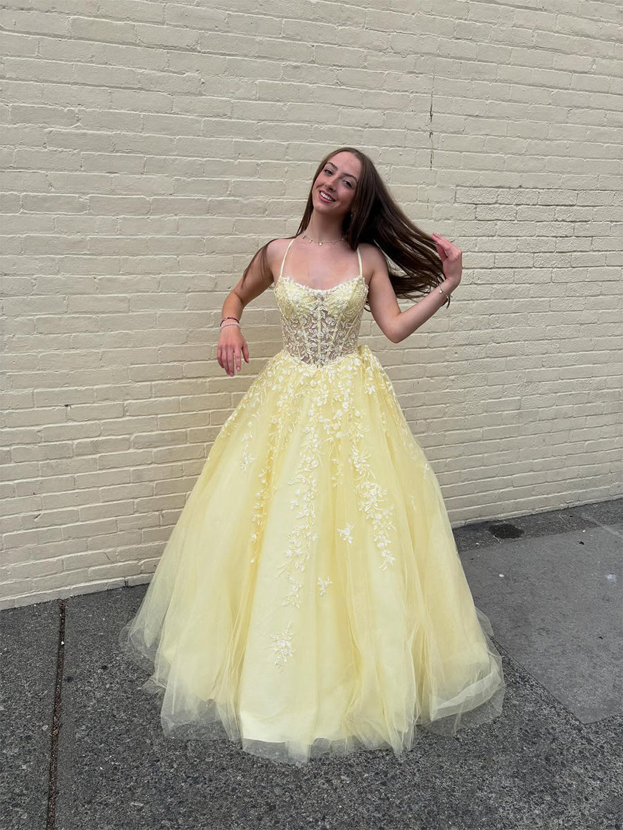 Yellow Floral A-Line Lace Tulle Long Prom Dress with Appliqu? - View 4 | FashionDia