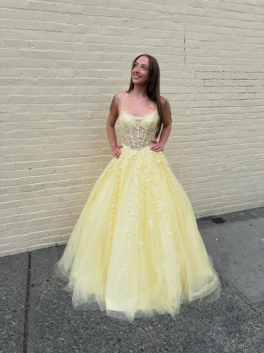 Yellow Floral A-Line Lace Tulle Long Prom Dress with Appliqu? - View 3 | FashionDia