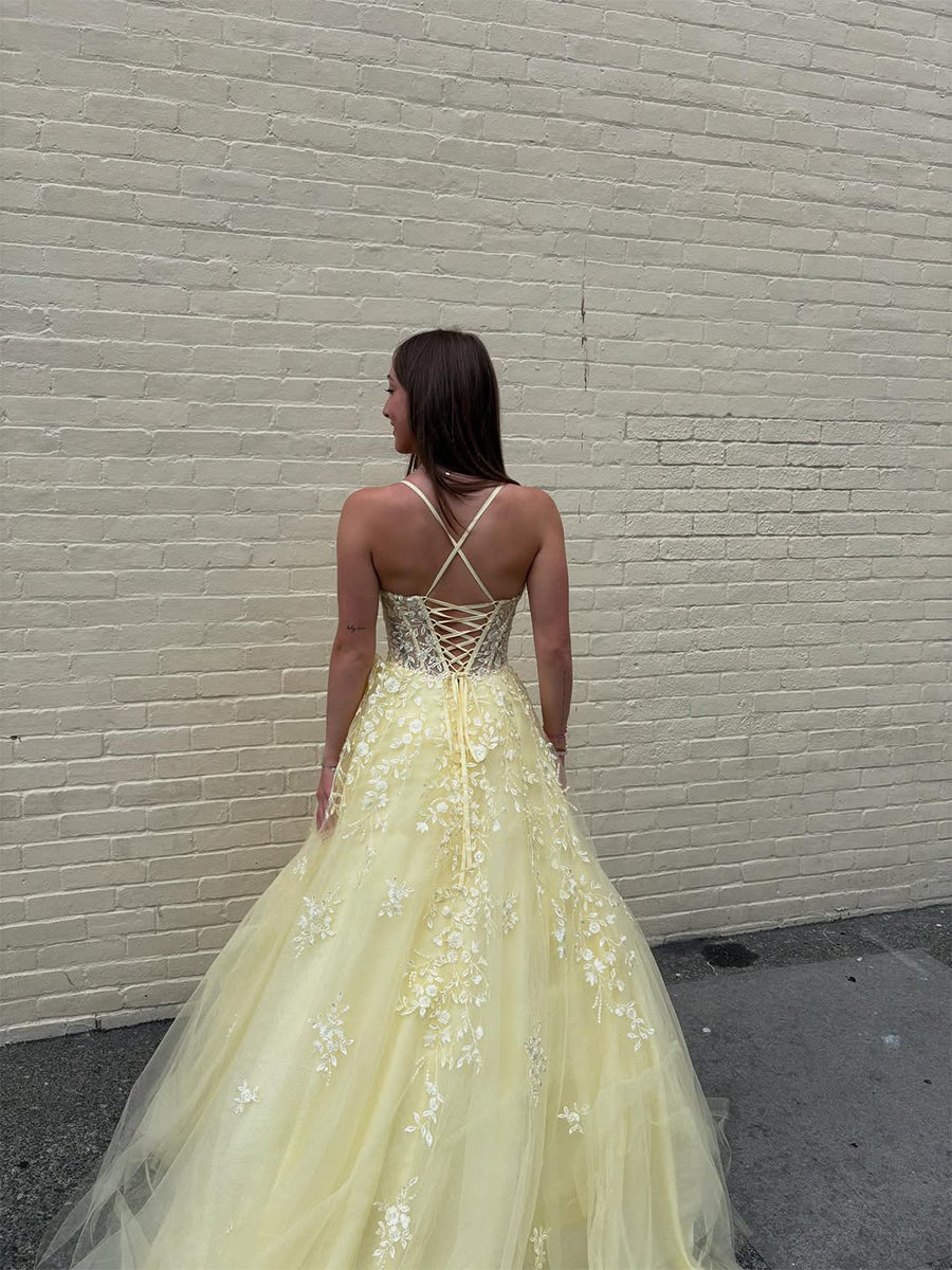 Yellow Floral A-Line Lace Tulle Long Prom Dress with Appliqu? - View 2 | FashionDia