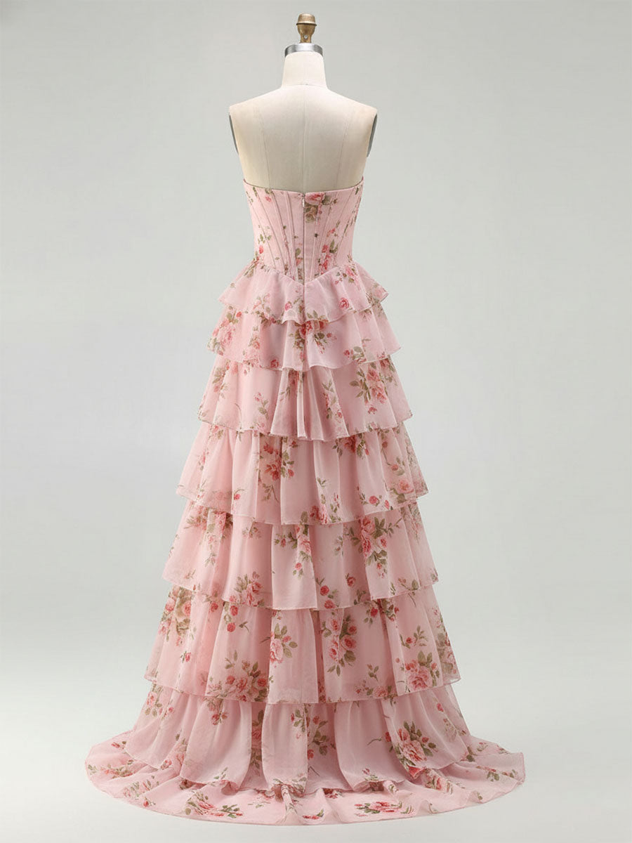 Yellow Floral Corset Ruffled Long Prom Dress with Slit