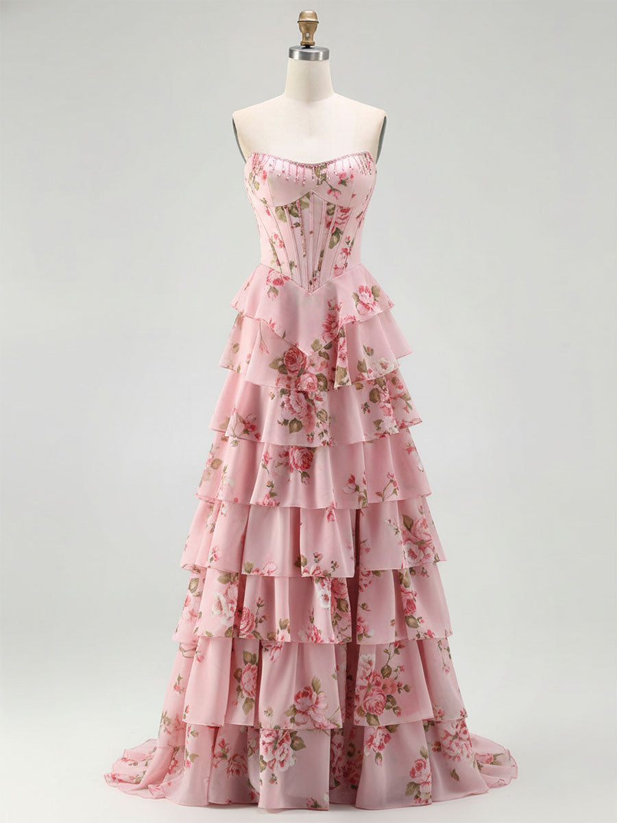 Yellow Floral Corset Ruffled Long Prom Dress with Slit