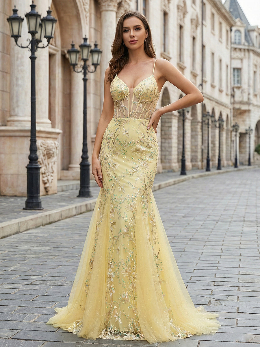 Yellow Floral Sweetheart Spaghetti Straps Corset Mermaid Prom Dress - FashionDia