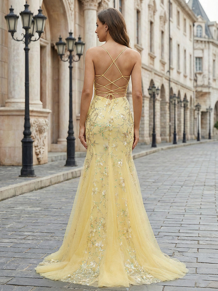 Yellow Floral Sweetheart Spaghetti Straps Corset Mermaid Prom Dress - View 2 | FashionDia