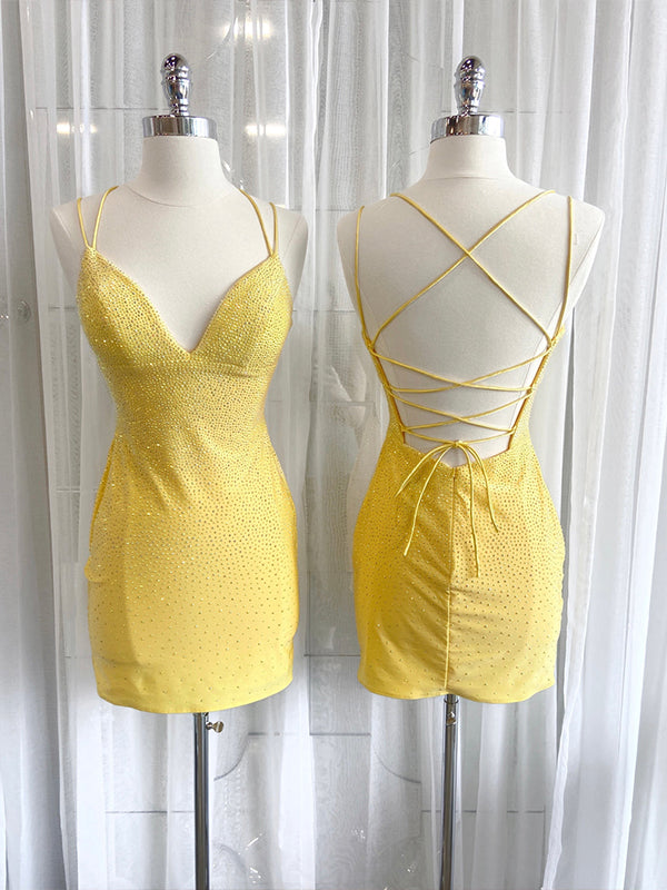 V-Neck Spaghetti Straps Beaded Short Homecoming Dress