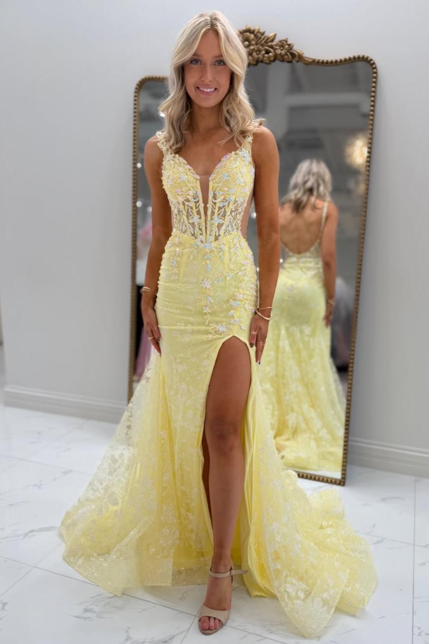 Gorgeous Mermaid Spaghetti Straps Yellow Lace Prom Dress with Appliques