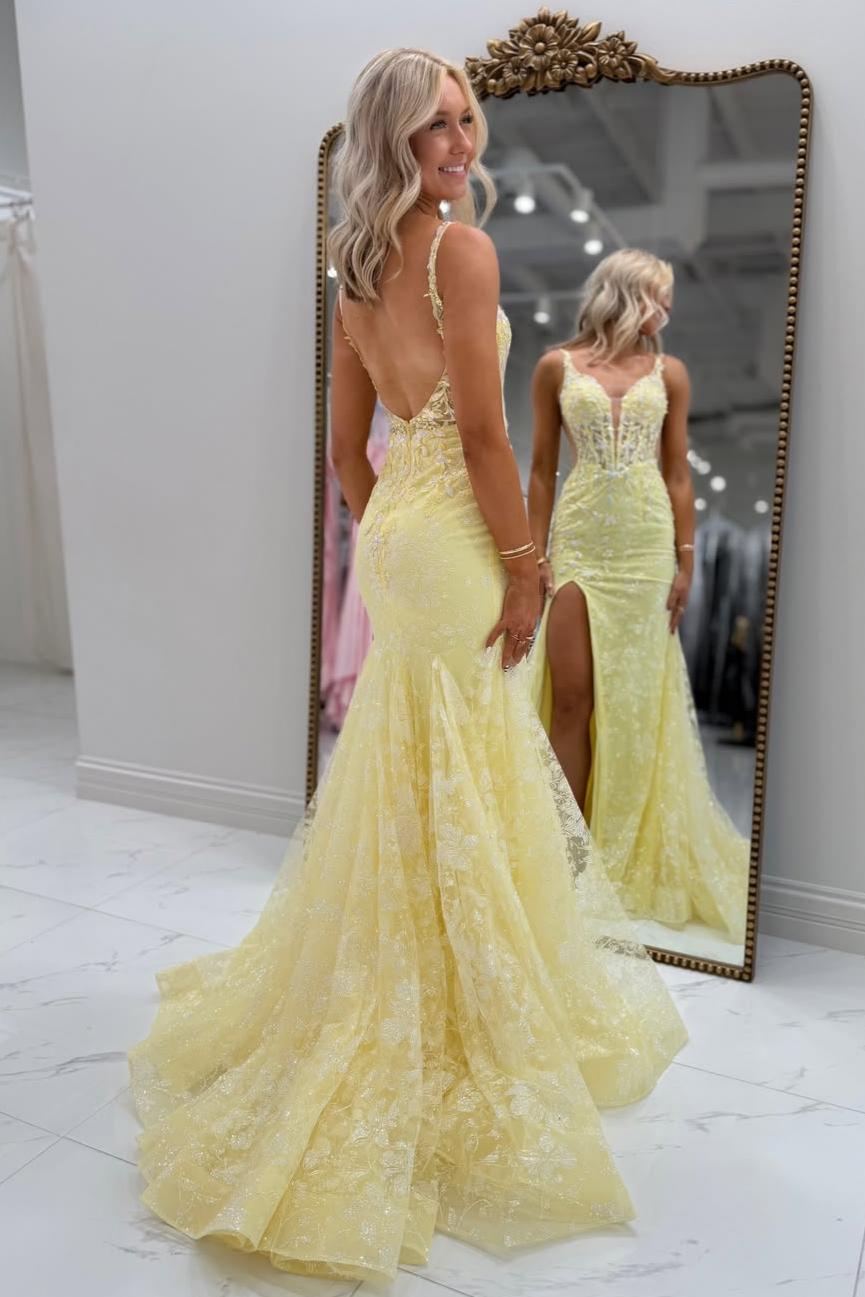 Gorgeous Mermaid Spaghetti Straps Yellow Lace Prom Dress with Appliques - View 2 | FashionDia