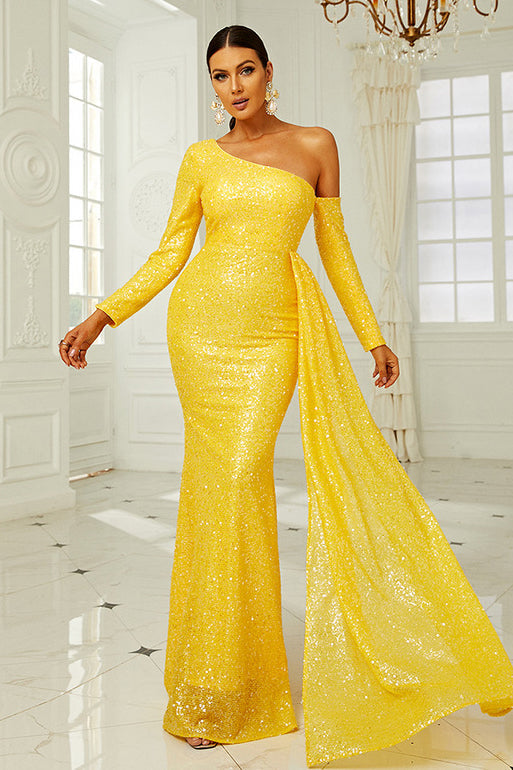 Yellow Long Sleeve Formal Gown Evening Prom Dress - Fashionpara