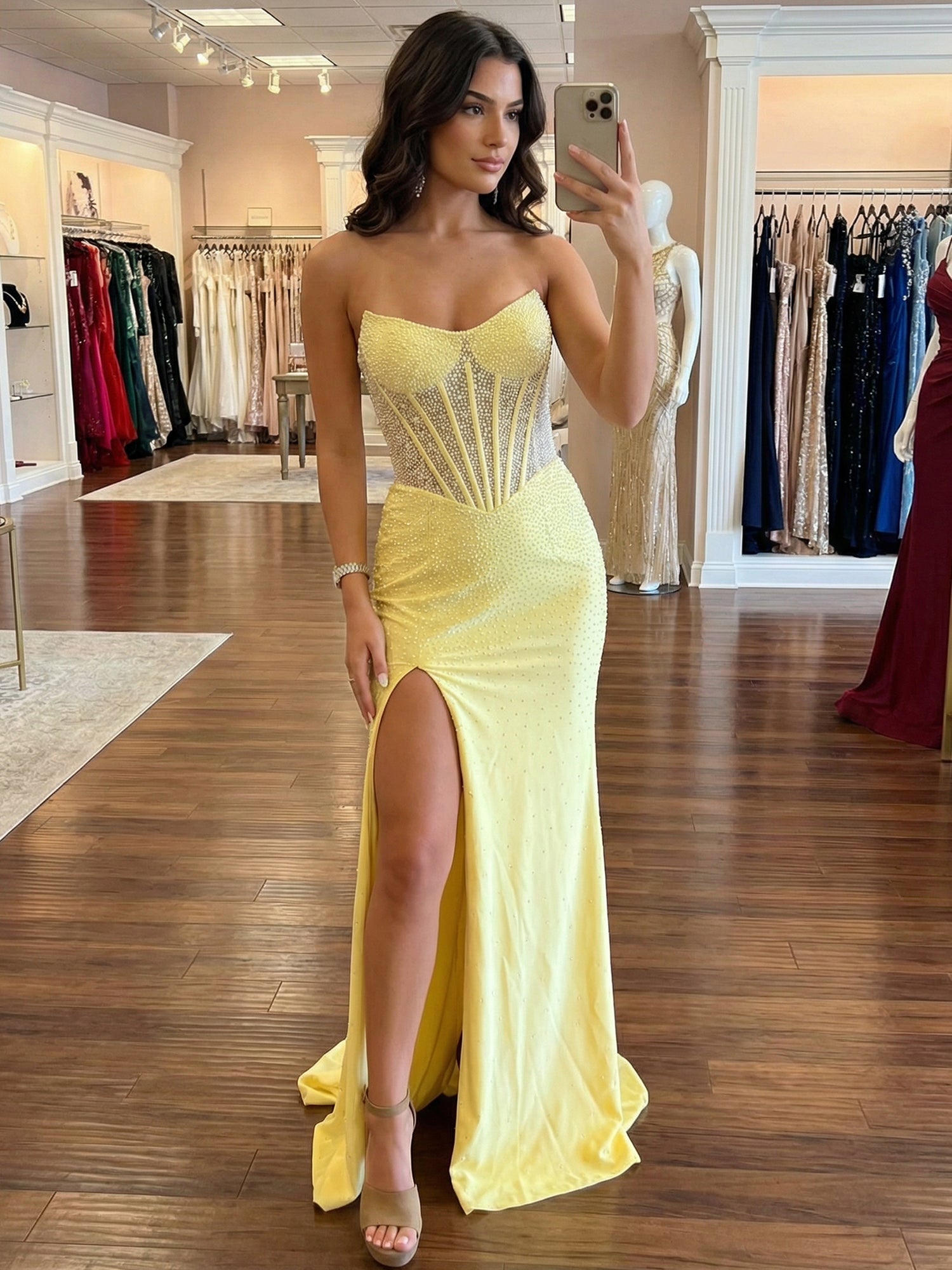 Yellow Mermaid Strapless Corset Beaded Prom Dress with Slit