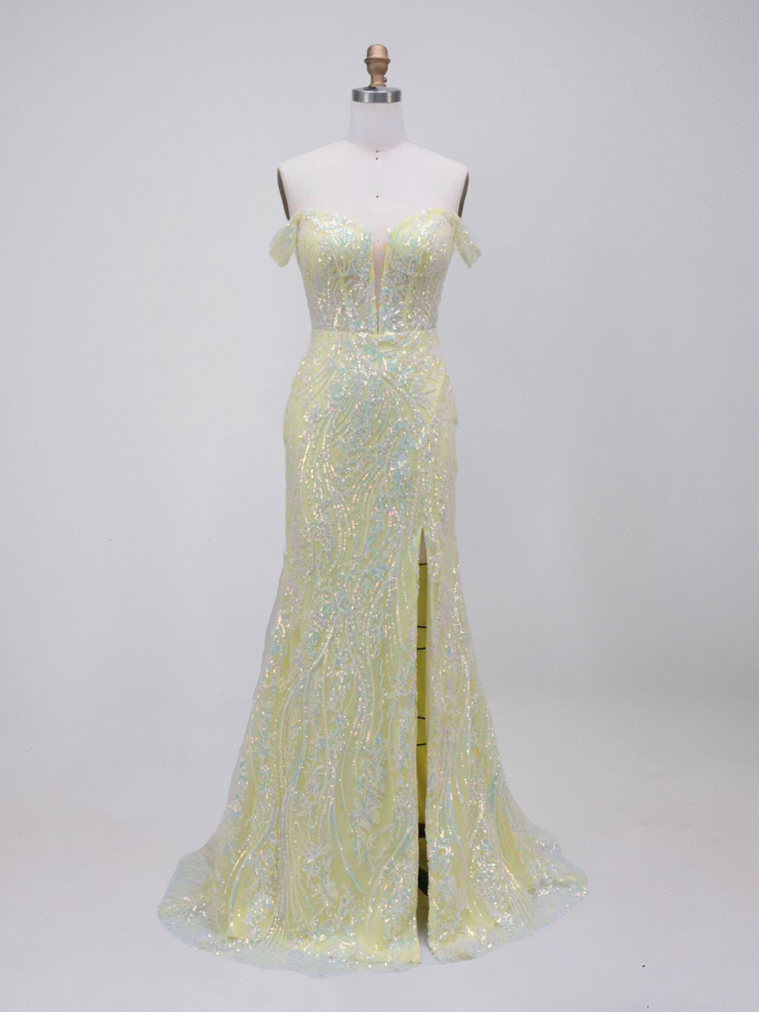 Yellow Off-the-Shoulder Plunging V-Neck Sequin Prom Dress with High Slit