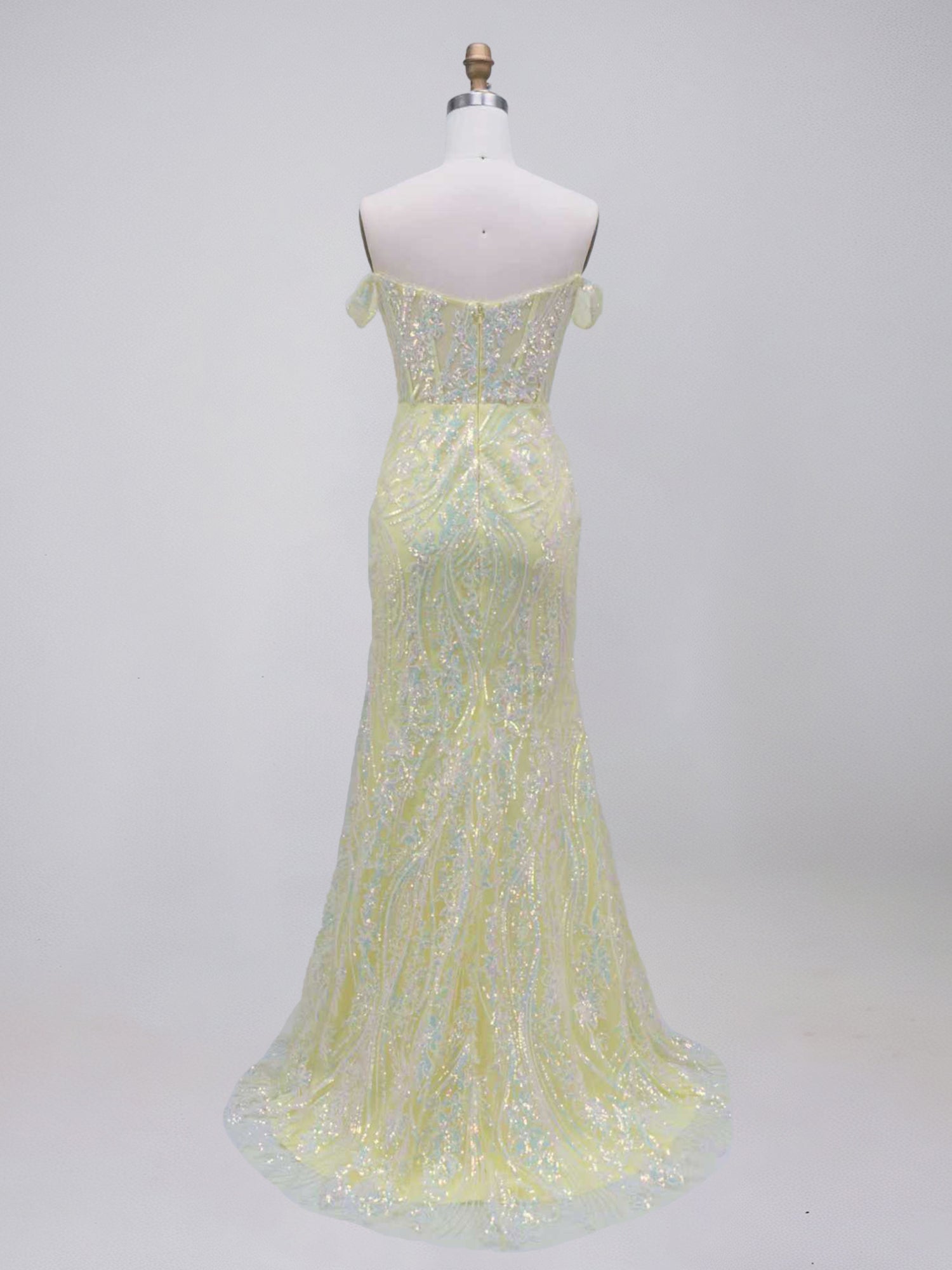 Yellow Off-the-Shoulder Plunging V-Neck Sequin Prom Dress with High Slit
